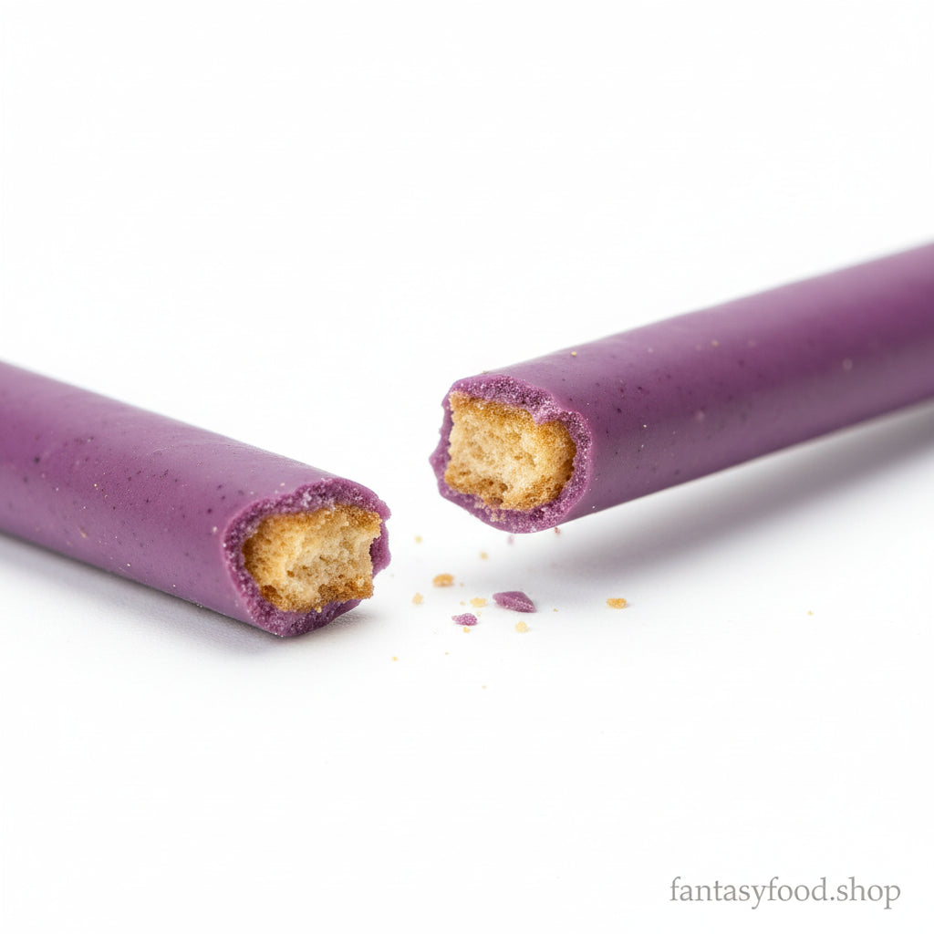 Sezione trasversale di un bastoncino Pocky ai frutti di bosco che mostra la croccantezza del biscotto e la ricca crema.