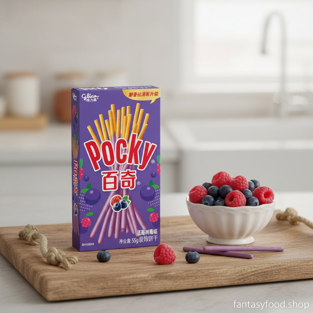 Composizione lifestyle con Pocky ai frutti di bosco e bacche fresche di mirtillo e lampone per merenda gourmet.