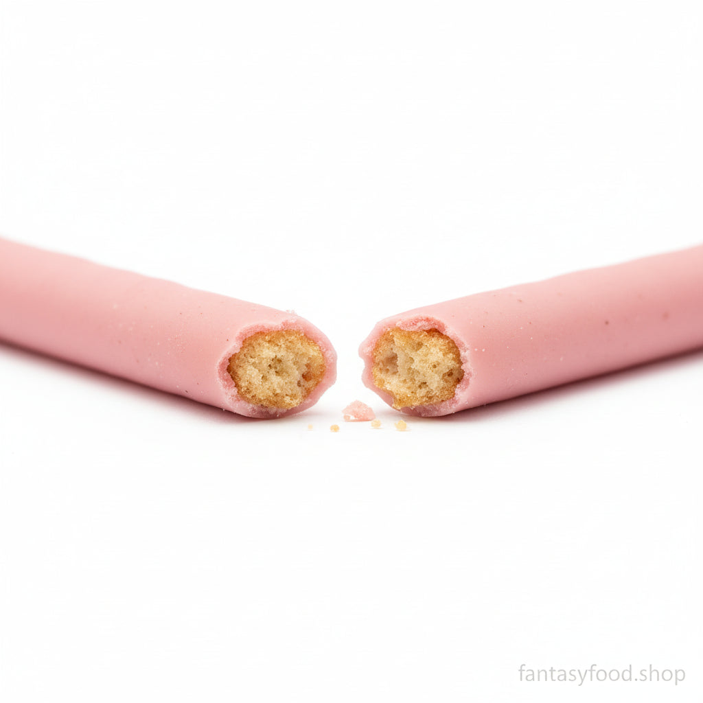 Interno del biscotto Pocky alla fragola spezzato per mostrare la croccantezza e lo spessore della crema.
