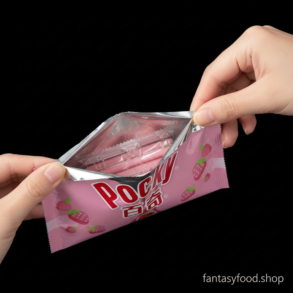 Busta interna salvafreschezza dei Pocky alla fragola Glico appena aperta per mostrare la qualità del prodotto.