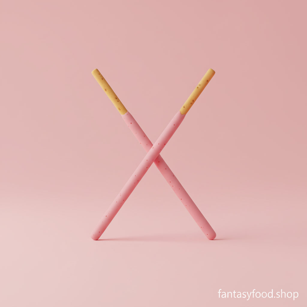 Composizione artistica minimal di Pocky alla fragola su sfondo rosa, ideale per social media e design.