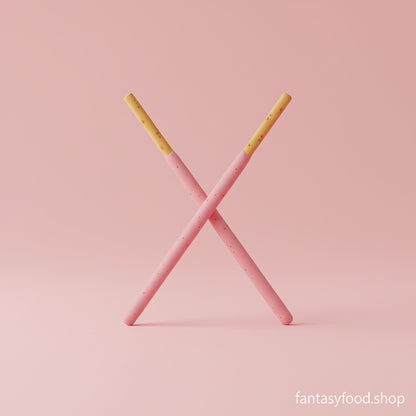 Composizione artistica minimal di Pocky alla fragola su sfondo rosa, ideale per social media e design.