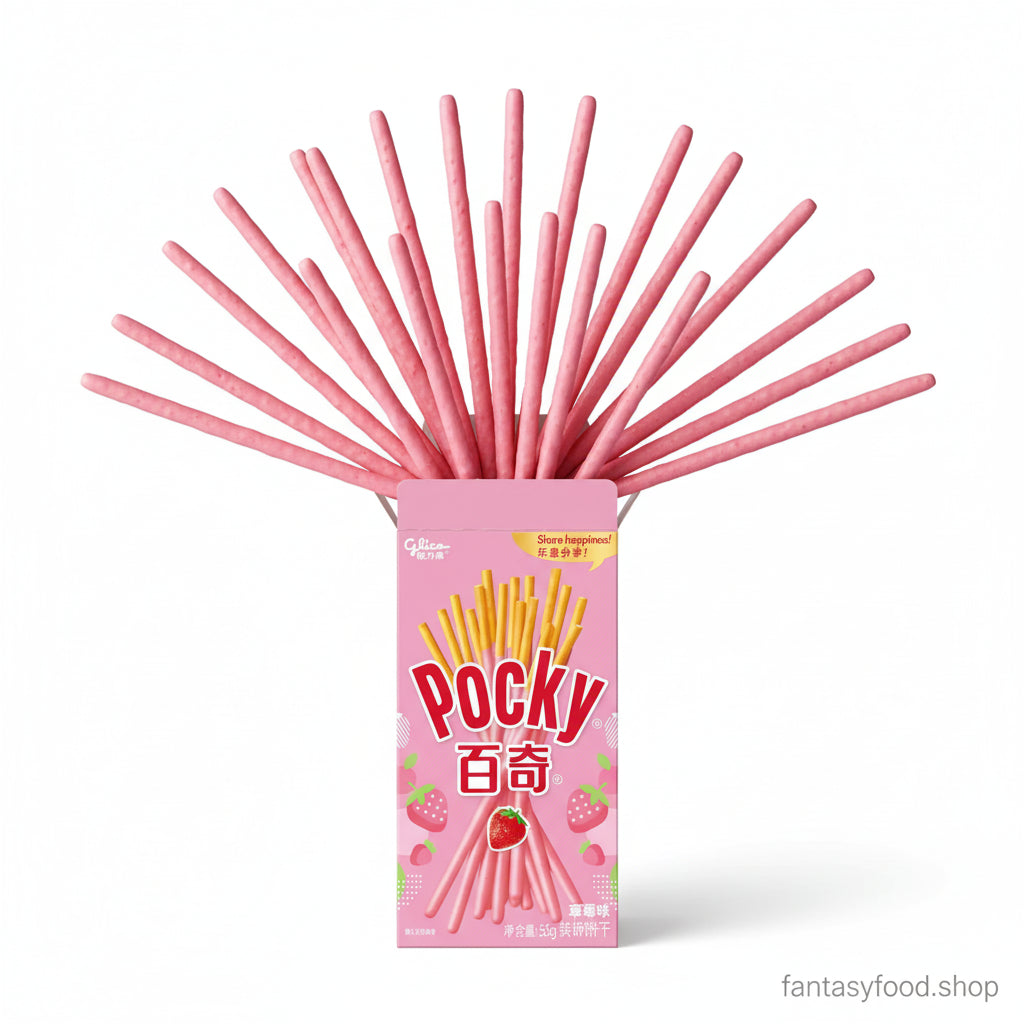 Bastoncini Pocky alla fragola rosa disposti a ventaglio, snack Glico cinese originale per party e merende.