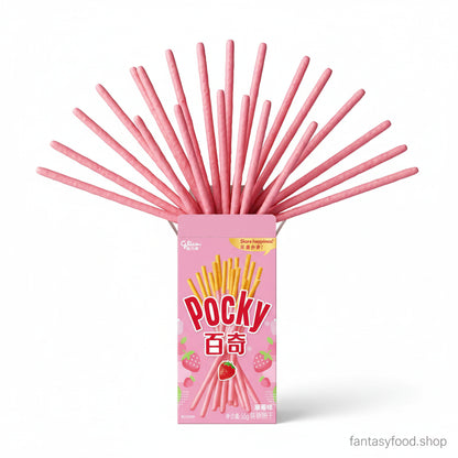 Bastoncini Pocky alla fragola rosa disposti a ventaglio, snack Glico cinese originale per party e merende.