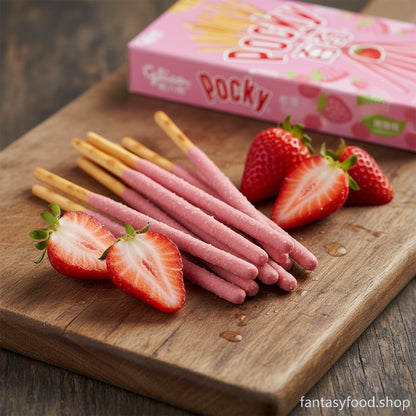 Presentazione gourmet di Pocky alla fragola con frutta fresca per sottolineare il gusto naturale del prodotto.