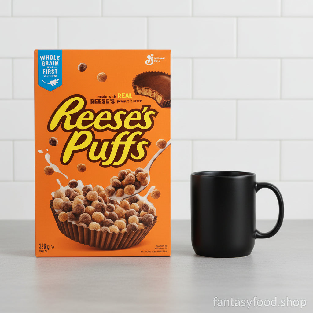 Dimensioni reali della scatola di cereali Reese's Puffs 326g in cucina.