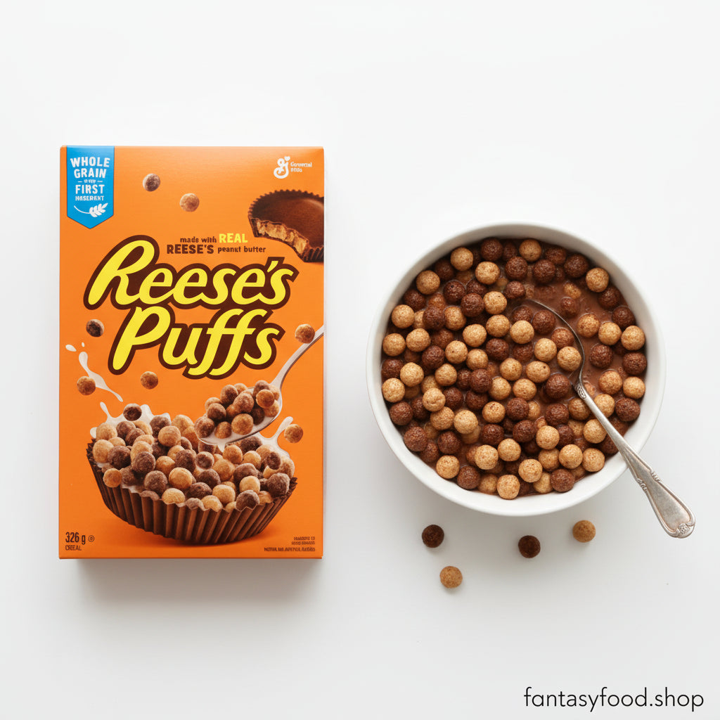 Ciotola di cereali Reese's dove il latte diventa scuro grazie al cacao Hershey's.