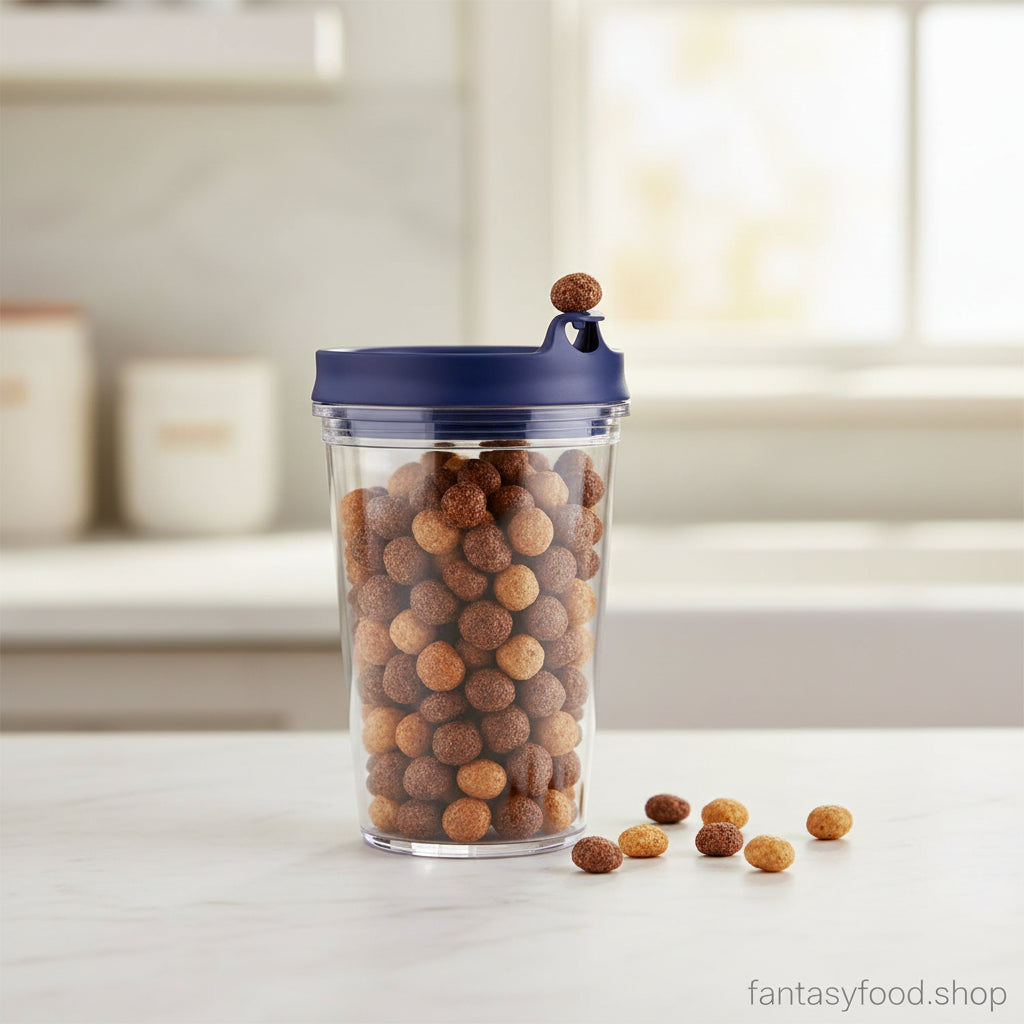 Cereali Reese's serviti come snack asciutto in una tazza.
