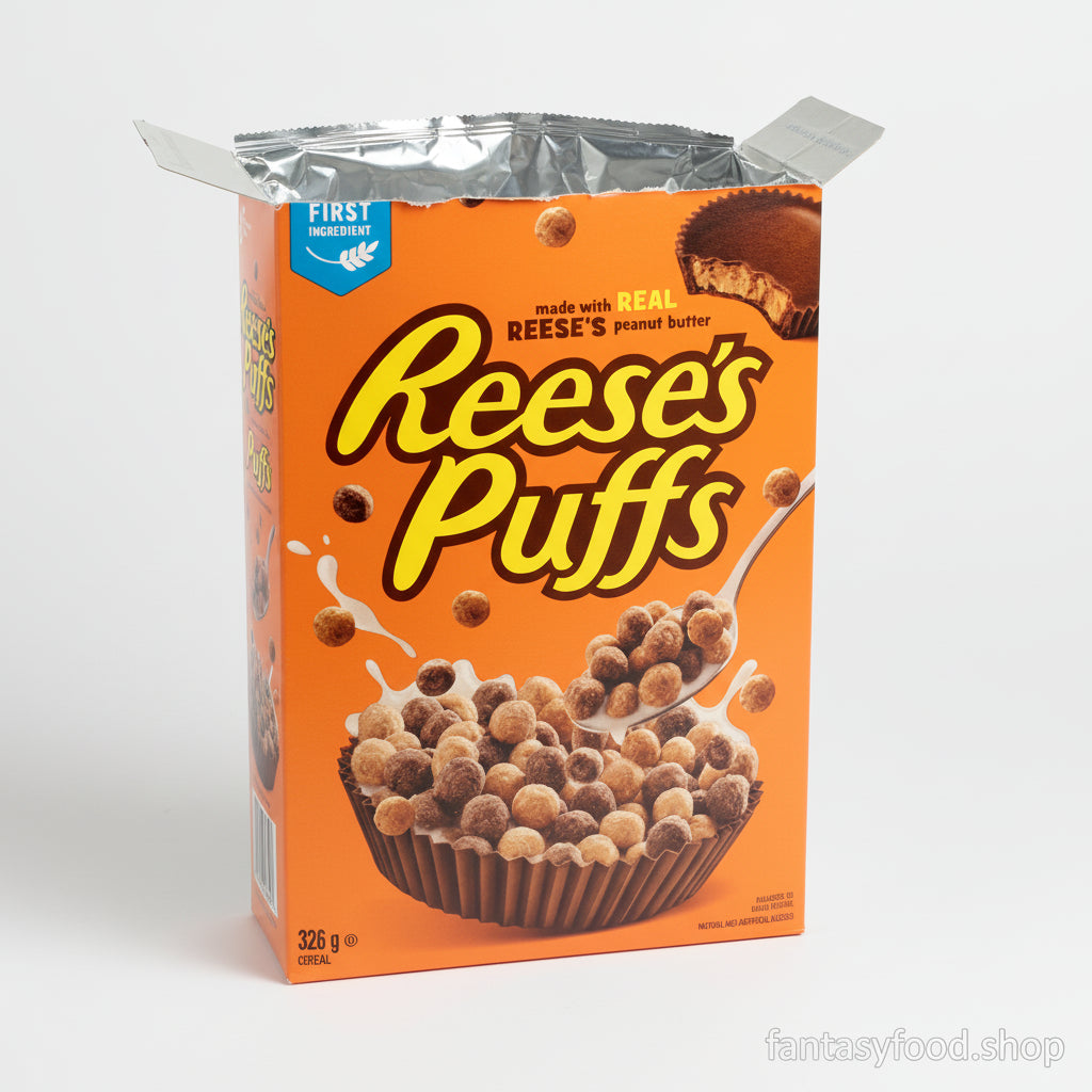 Confezione aperta di Reese's Puffs che mostra il sigillo di freschezza interno.
