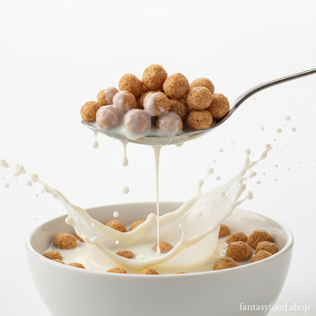 Cucchiaio con cereali Reese's Puffs e gocce di latte fresco.