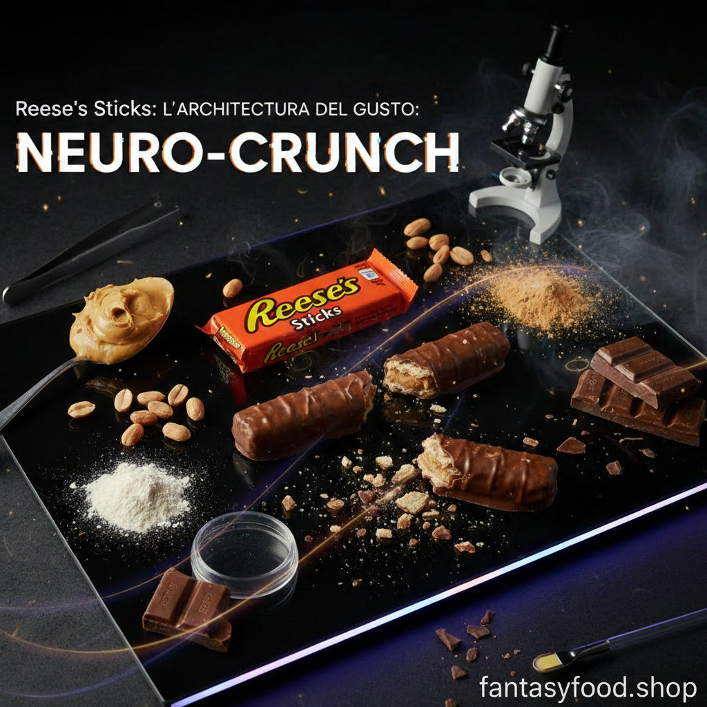 Sezione trasversale di un Reese’s Sticks da 42g che mostra i tre strati di wafer croccante alternati a crema di burro d'arachidi originale USA, su base di vetro nero con elementi da laboratorio e materie prime (arachidi, cacao, sale).