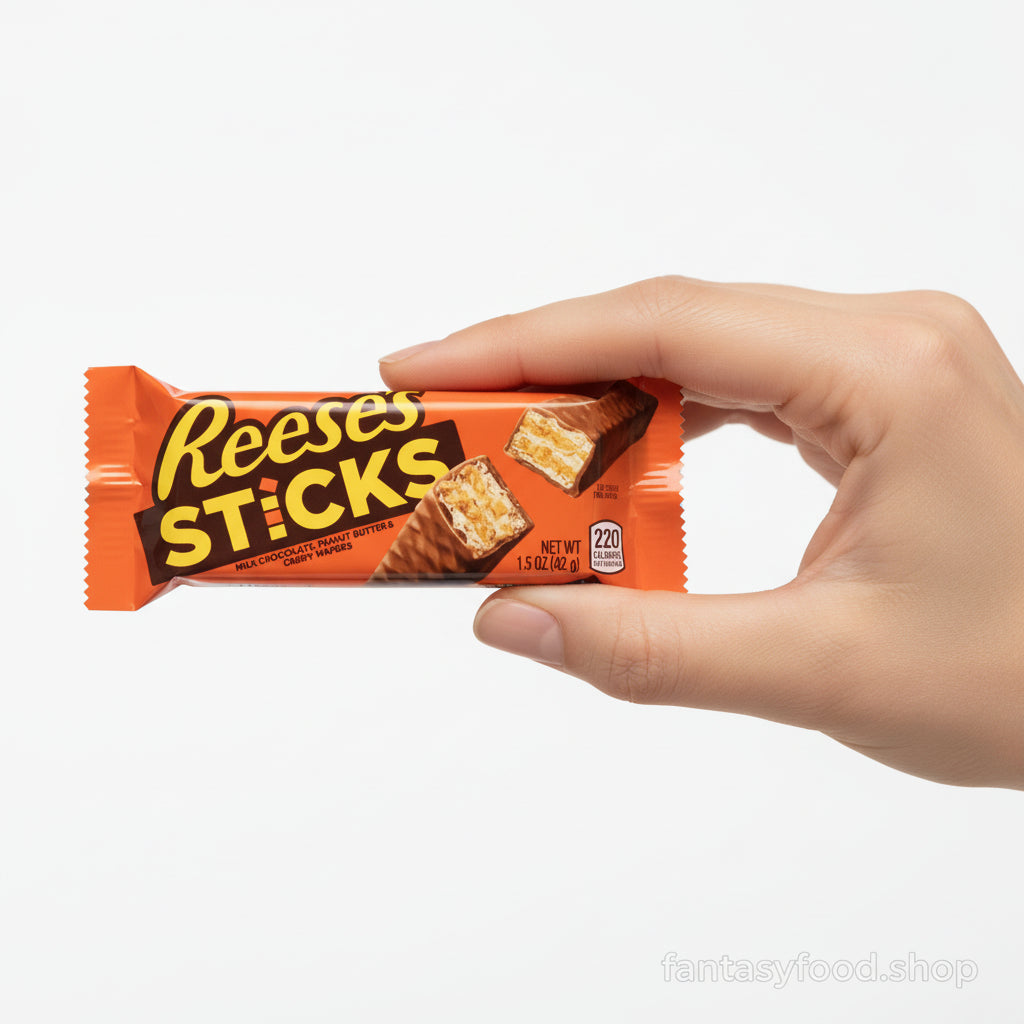 Dimensione reale Reese’s Sticks 42 g confronto mano.