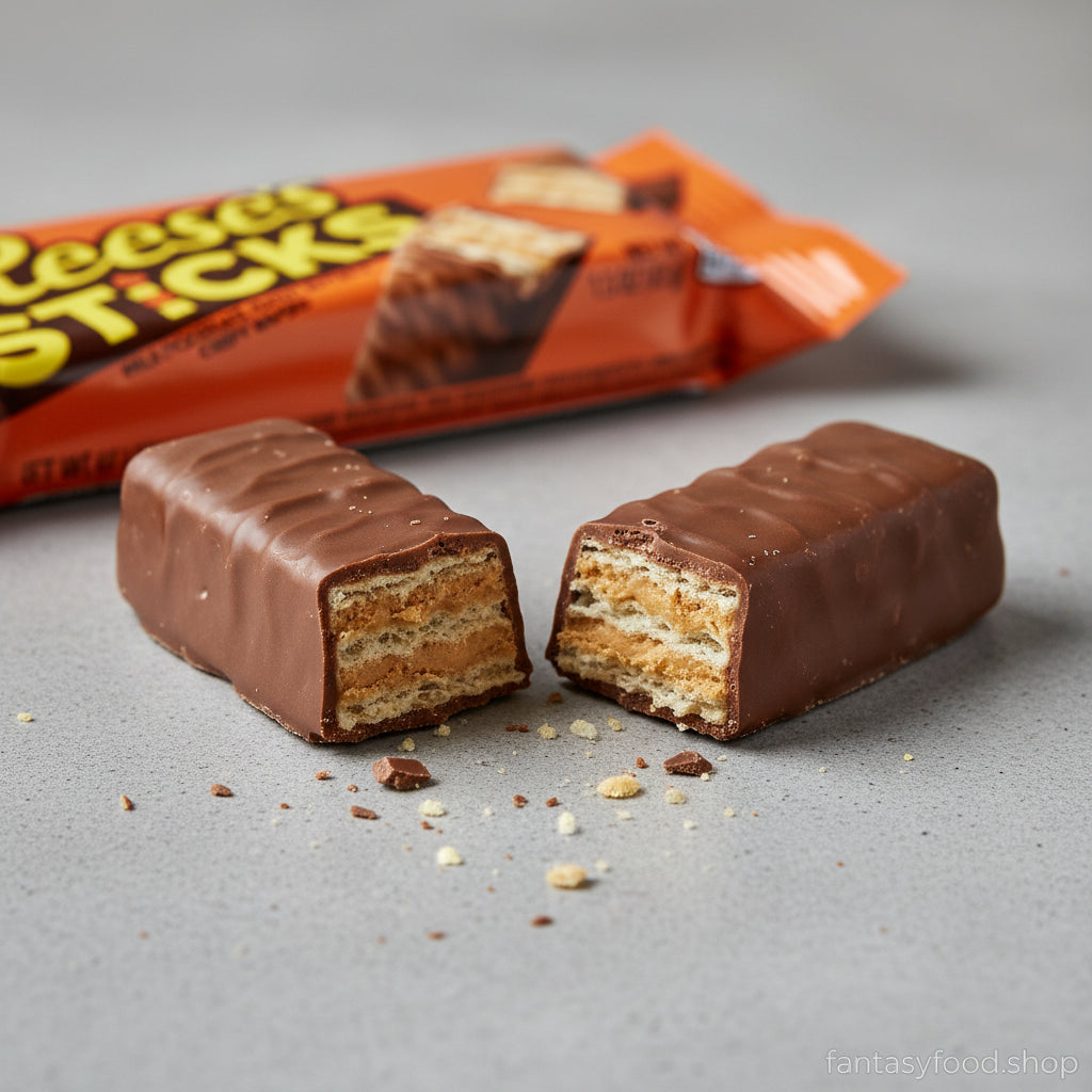 Reese’s Sticks spezzato con wafer e crema al burro di arachidi visibili.
