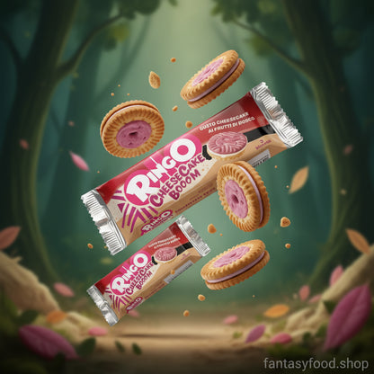 Biscotti Ringo Cheesecake frutti di bosco in primo piano su sfondo ambientato.