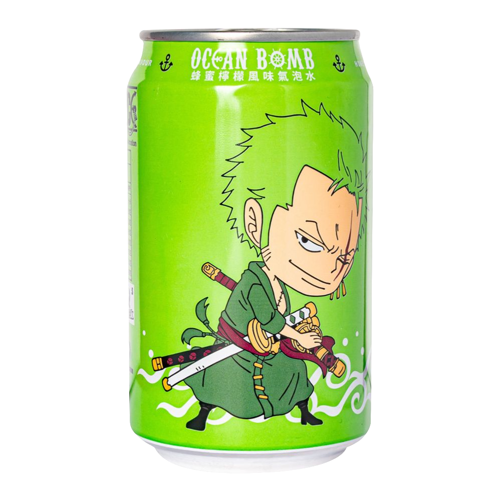 Lattina di bevanda frizzante OCEAN BOMB al gusto Limone e Miele (Lemon & Honey), in edizione limitata da collezione ONE PIECE. La lattina verde scuro è decorata con il personaggio anime Zoro. Bibita rinfrescante importata da Taiwan.